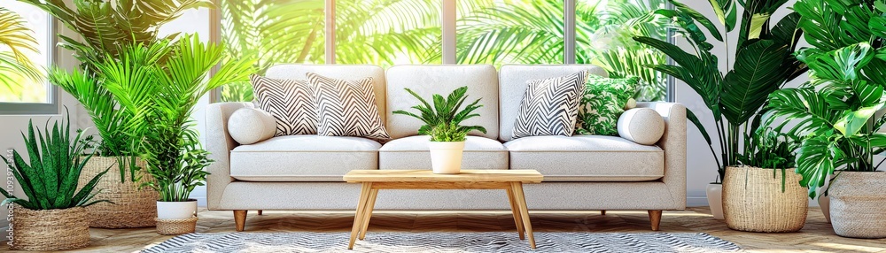 Bright and Airy Living Room with a Cozy Couch Surrounded by Lush Green Plants, Inviting Natural Light through Large Windows Bright and Airy Living Room with a Cozy Couch Surrounded by Lush Green Plants, Inviting Natural Light through Large Windows
