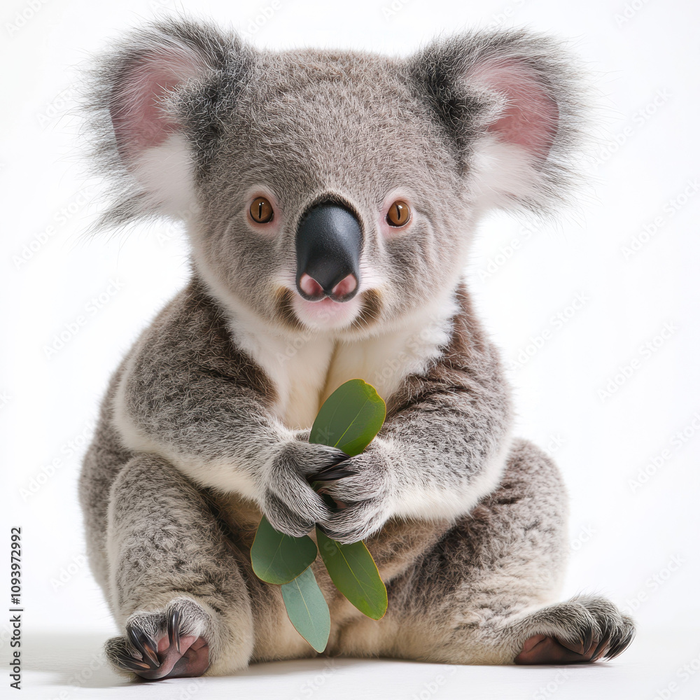 Fototapeta premium baby koala sitting on white background, holding green leaf. This adorable creature showcases its fluffy fur and big eyes, evoking sense of joy and cuteness