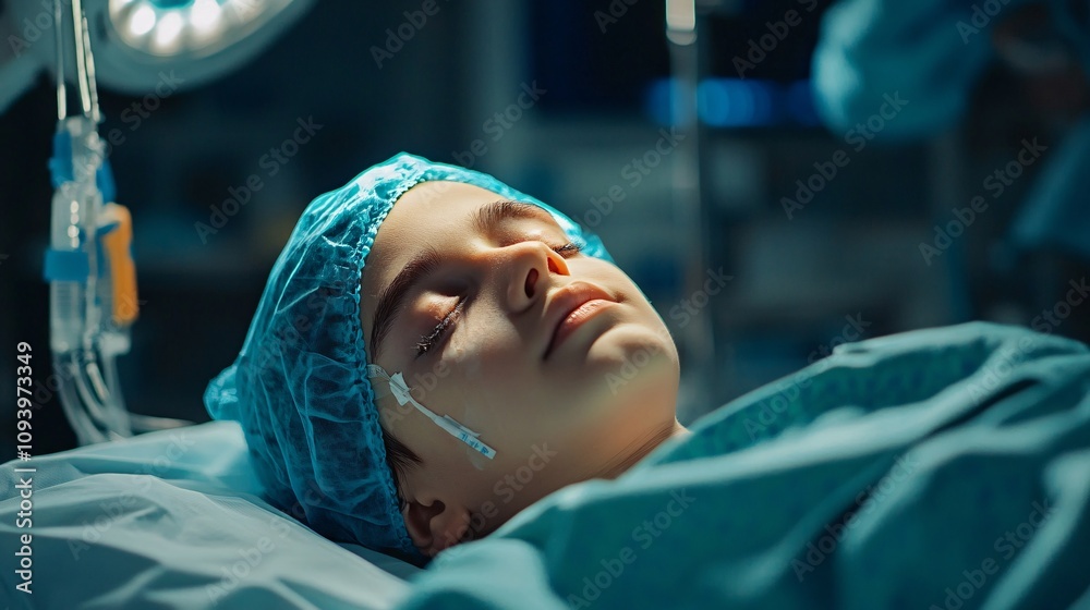 Happy child patient in hospital bed wearing surgical cap in brightly lit medical room. Happy child patient in hospital bed wearing surgical cap in brightly lit medical room.