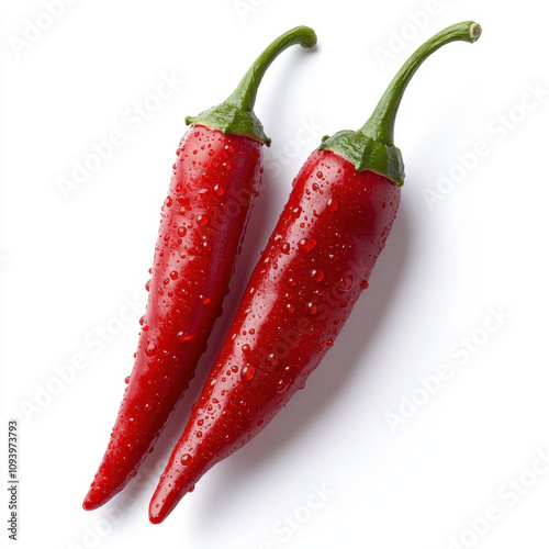 Fresh red chili peppers glistening with water droplets, showcasing their vibrant color and texture. Perfect for culinary use or as decorative element