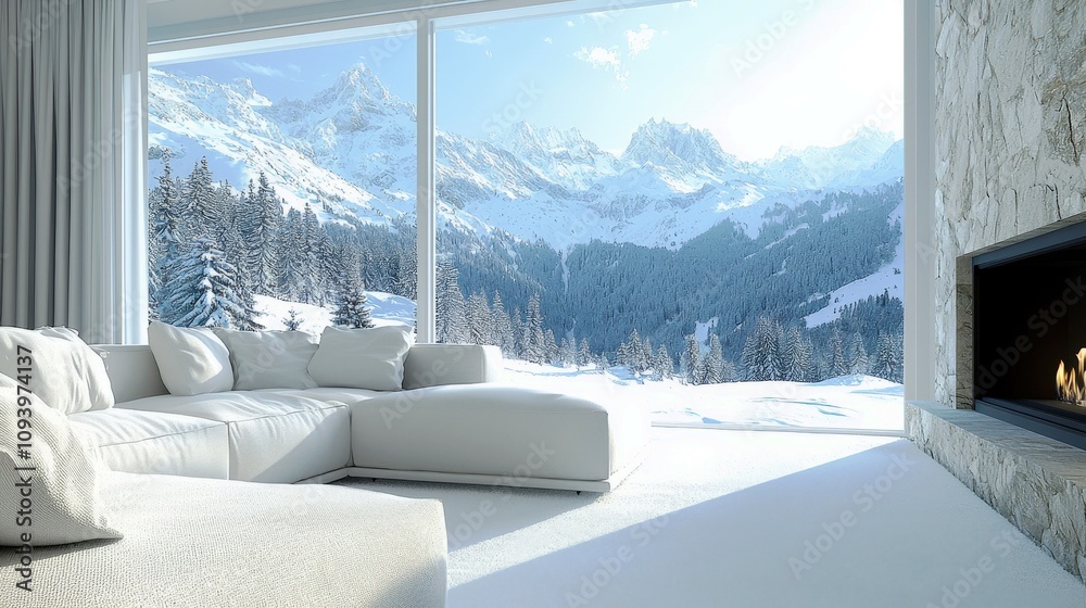 Serene Winter Landscape from Cozy Living Room with Mountain View and Snowy Trees through Large Glass Window Serene Winter Landscape from Cozy Living Room with Mountain View and Snowy Trees through Large Glass Window