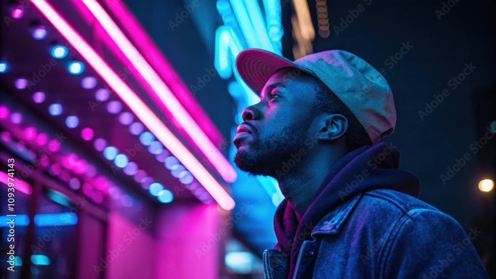 An intense portrait of a street performer illuminated by cascading pink and blue neon lights that bounce off his face. The shadows loom around him creating an electrifying effect