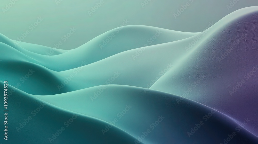 Fototapeta premium Smooth, flowing, three-dimensional wave forms in gradient shades of cool aqua and soft purple provide an elegant background for digital media.
