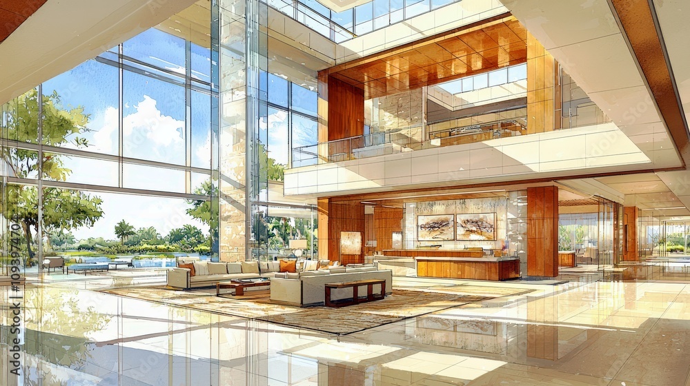Bright and Modern Hotel Lobby with Expansive Windows, Warm Wood Accents, Elegant Furnishings, and Vibrant Greenery for a Welcoming Atmosphere Bright and Modern Hotel Lobby with Expansive Windows, Warm Wood Accents, Elegant Furnishings, and Vibrant Greenery for a Welcoming Atmosphere