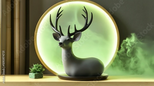 A sleek grey ceramic deer with matte black antlers on a light bamboo shelf. The deer sits in a circular frame illuminated by cool green light, with ethereal green mist and a small jade plant nearby. photo