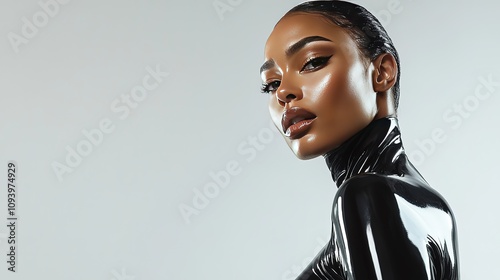 A woman with dark skin and wet hair, wearing a black latex turtleneck, looking over her shoulder.
