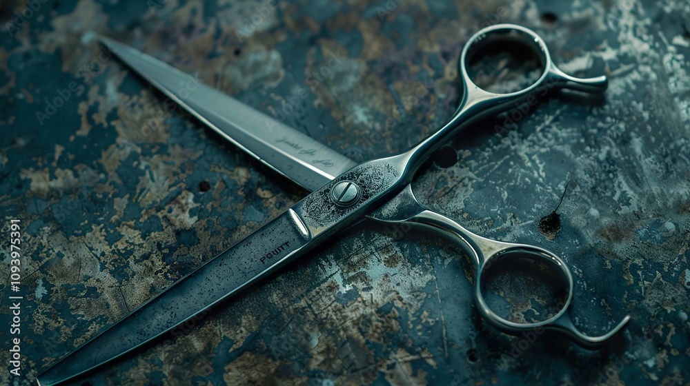 Obraz premium Professional Hairdressing Scissors on a Rustic Surface
