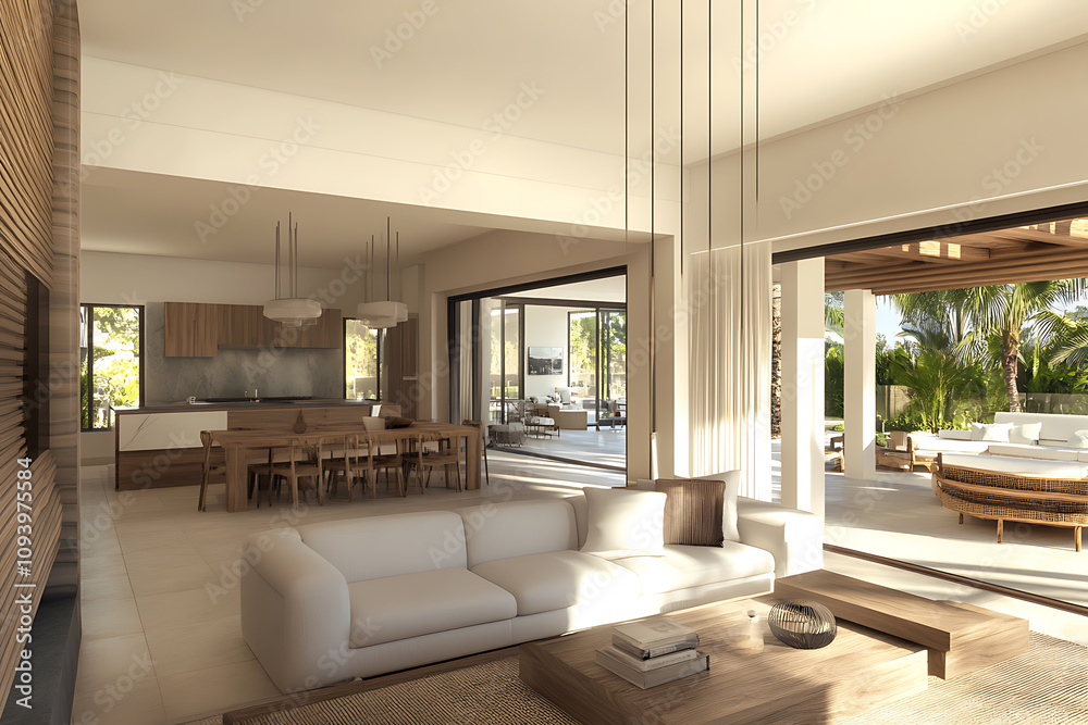 Fototapeta premium Luxury Tropical Villa Interior Design: Open Plan Living Space with Modern Elegance