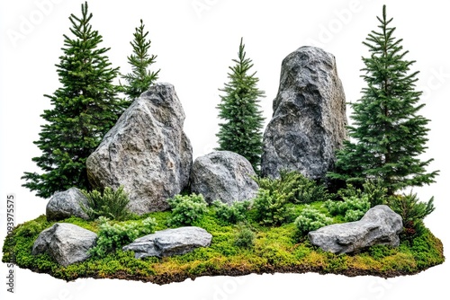 Cutout rock surrounded by fir trees. Garden design isolated on white background. Decorative shrub for landscaping. High quality clipping mask for professionnal composition. photo