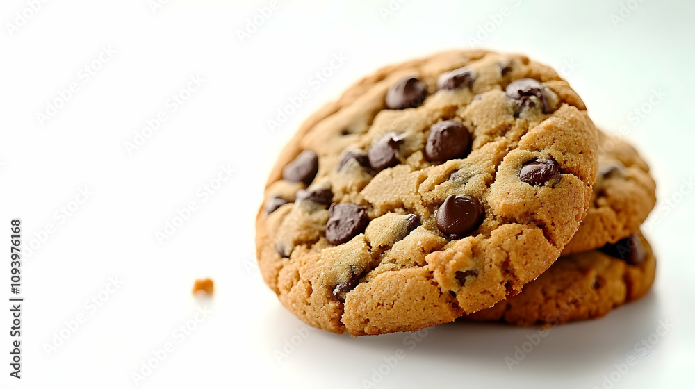 Close-up of Two Delicious Chocolate Chip Cookies, Golden Brown and Sweet, Stacked Together on White Background Close-up of Two Delicious Chocolate Chip Cookies, Golden Brown and Sweet, Stacked Together on White Background