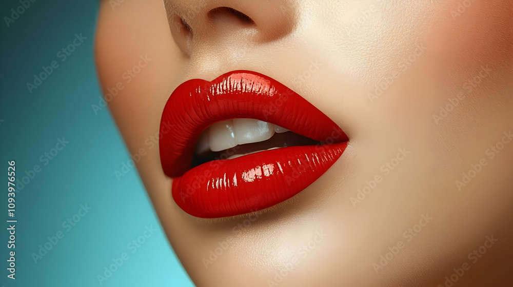 Obraz premium Close-up of a woman's glossy red lips against a teal background, showcasing vibrant makeup and smooth skin.