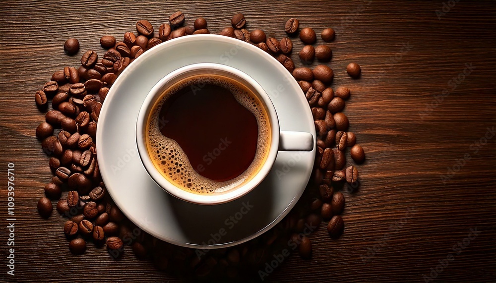 Fototapeta premium Cup of coffee with coffee beans. Cup of coffee on table. Coffee top view. Espresso coffee.