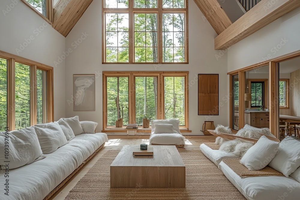 Fototapeta premium A modern living room with large windows, a white sofa, a wooden coffee table and a rug.
