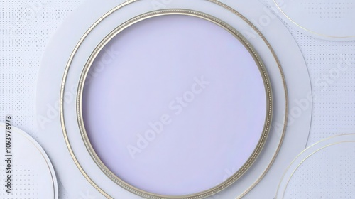 A stylish visual with a light gray backdrop featuring understated dotted patterns for depth. In the center, a large circular area in soft lavender, surrounded by a lustrous gold border.