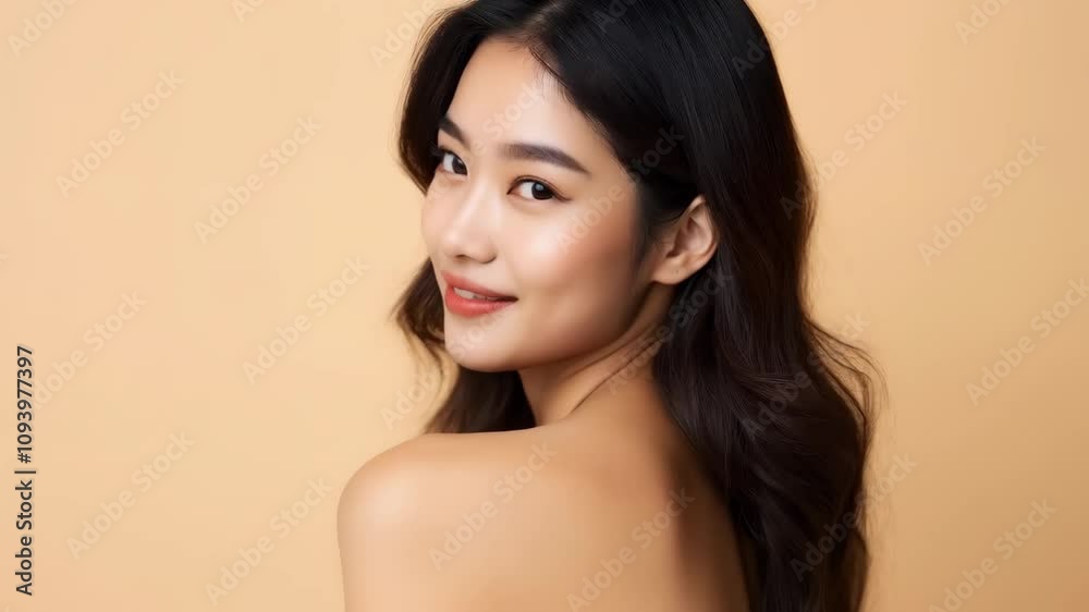 Attractive slim young asian woman with clean fresh healthy skin and long beautiful brunette hair isolated on light beige background. Skin care cosmetic product. Cosmetology, beauty and spa concept Attractive slim young asian woman with clean fresh healthy skin and long beautiful brunette hair isolated on light beige background. Skin care cosmetic product. Cosmetology, beauty and spa concept
