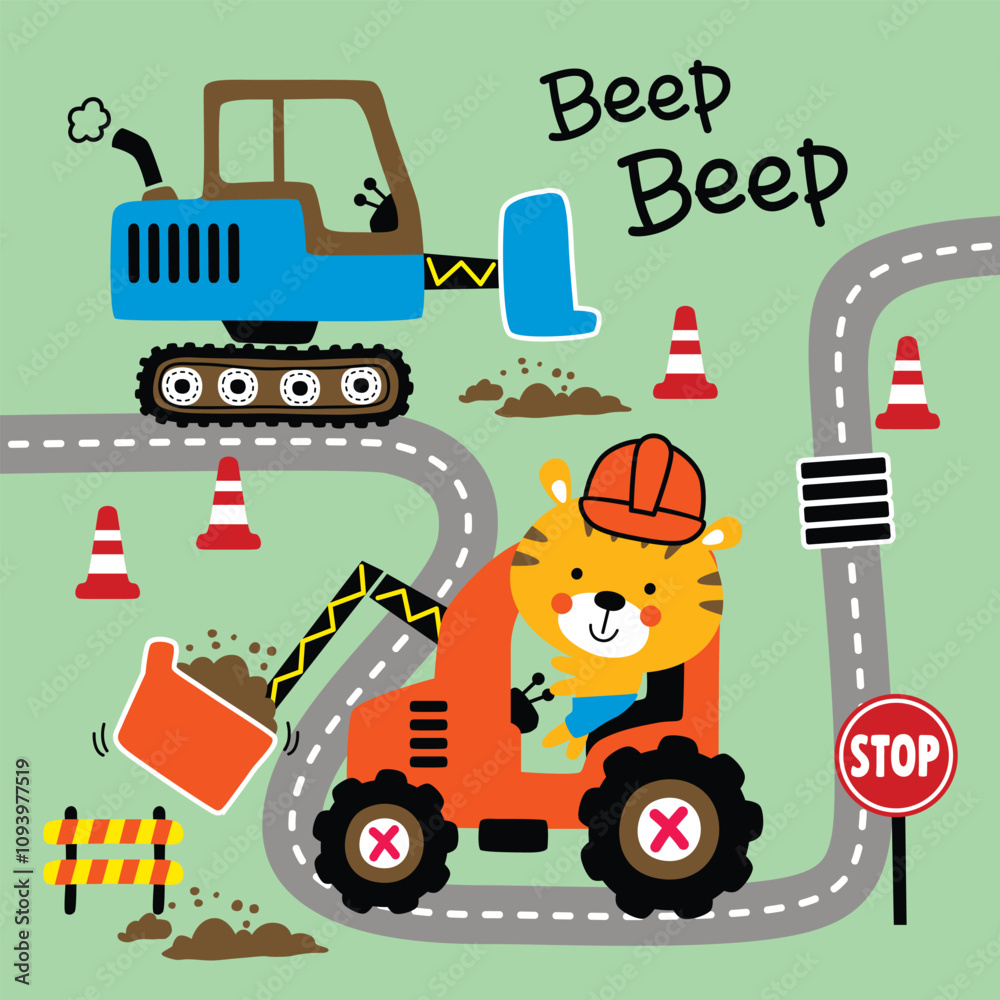 Cartoon Construction Scene with Tiger Driving a Bulldozer and Road Signs, Playful and Colorful Illustration
Cartoon Construction Scene with Tiger Driving a Bulldozer and Road Signs, Playful and Colorful Illustration