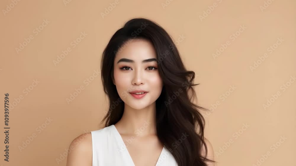 Attractive slim young asian woman with clean fresh healthy skin and long beautiful brunette hair isolated on light beige background. Skin care cosmetic product. Cosmetology, beauty and spa concept Attractive slim young asian woman with clean fresh healthy skin and long beautiful brunette hair isolated on light beige background. Skin care cosmetic product. Cosmetology, beauty and spa concept