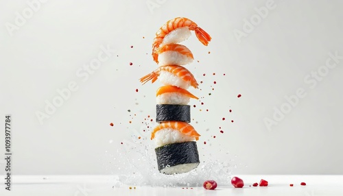 Sushi Symphony: Shrimp and rice dance in mid-air, a vibrant explosion of flavor and artistry.  The dynamic composition showcases the freshness and elegance of sushi. photo