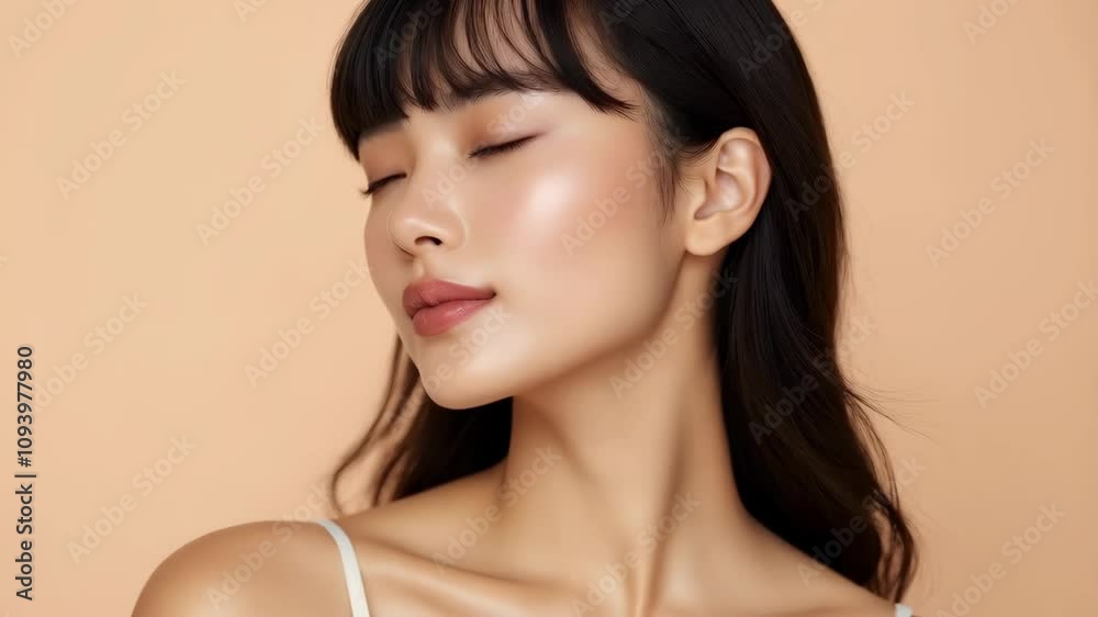 Attractive slim young asian woman with clean fresh healthy skin and long beautiful brunette hair isolated on light beige background. Skin care cosmetic product. Cosmetology, beauty and spa concept