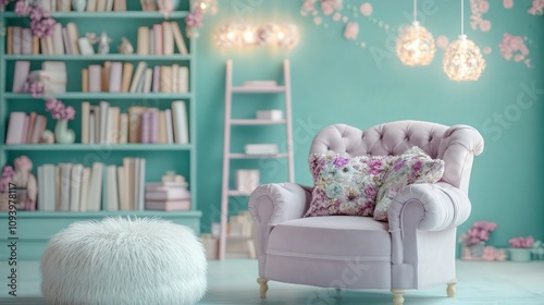 A whimsical reading nook featuring a soft lavender armchair with decorative floral cushions, paired with a fluffy white ottoman. The background has a pastel teal wall adorned . photo