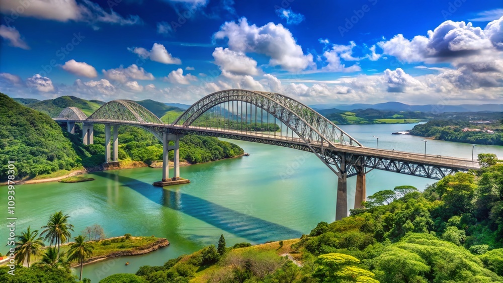 Naklejka premium Scenic View of Centennial Bridge, Puente Centenario, Spanning the Panama Canal with Lush Surroundings and Clear Sky, showcases the Engineering Marvel of the PanAmerican Highway