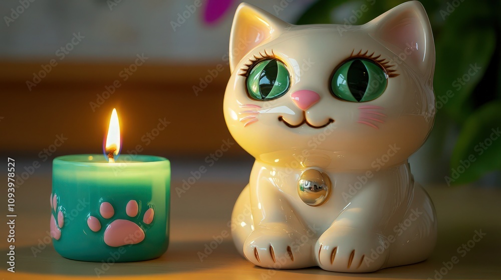 an adorable ceramic candle holder shaped like a sitting cat, finished in glossy white. The cat has large green eyes and a cheeky smile an adorable ceramic candle holder shaped like a sitting cat, finished in glossy white. The cat has large green eyes and a cheeky smile