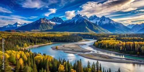 Scenic View of Matanuska River Flowing Through Chugach Mountains Under a Clear Blue Sky Near Palmer, Alaska – Nature's Majestic Beauty Captured in Stunning Detail photo