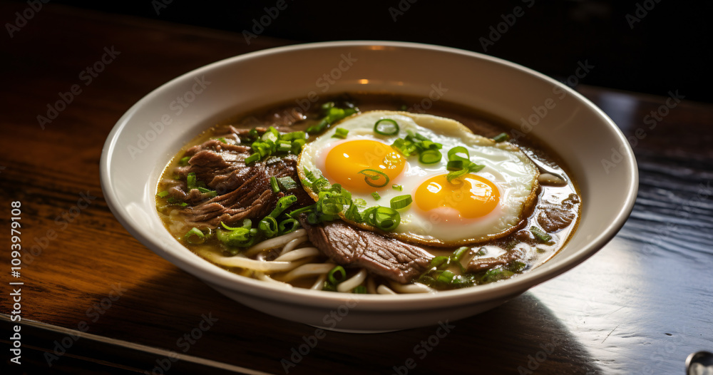 Delicious bowl of beef noodle soup topped with soft boiled eggs and green onions in a cozy restaurant setting Delicious bowl of beef noodle soup topped with soft boiled eggs and green onions in a cozy restaurant setting