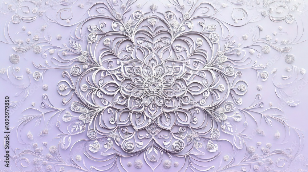 An elegant silver laser-cut design featuring a mandala on a soft lavender backdrop, with detailed swirling patterns and delicate floral accents. The silver shines brightly. An elegant silver laser-cut design featuring a mandala on a soft lavender backdrop, with detailed swirling patterns and delicate floral accents. The silver shines brightly.