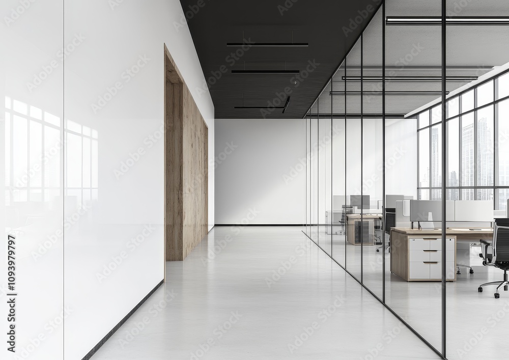 A modern office hallway with glass walls and a wooden door. A modern office hallway with glass walls and a wooden door.
