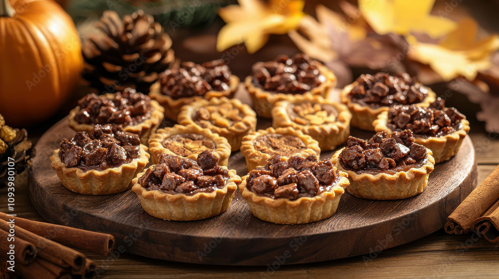Close-Up Shot of a Festive Thanksgiving Dessert Board Featuring Mini Pies and Tarts Surrounded by Autumn Decor and Textures for a Cozy Holiday Feel Close-Up Shot of a Festive Thanksgiving Dessert Board Featuring Mini Pies and Tarts Surrounded by Autumn Decor and Textures for a Cozy Holiday Feel