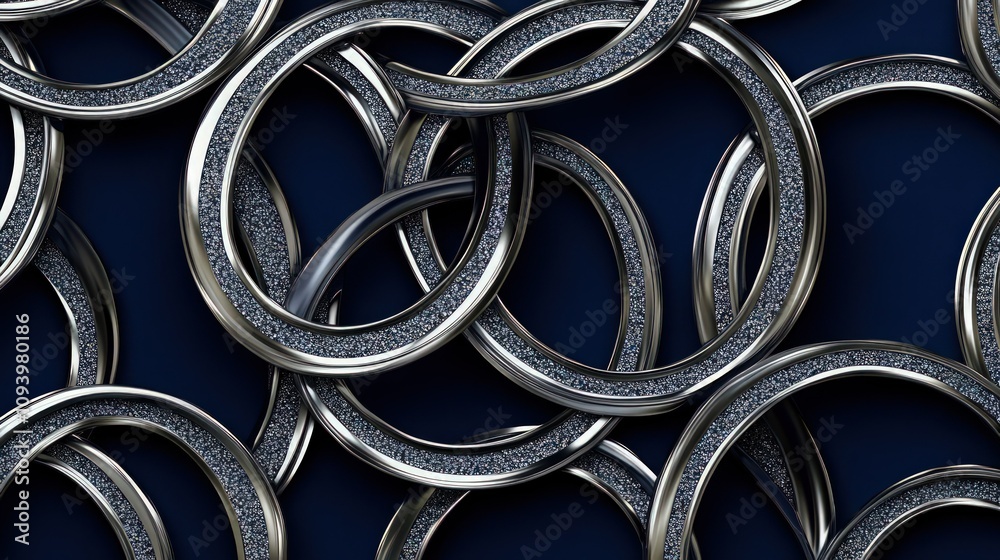 An intricate design composed of intertwining circular shapes outlined in shimmering silver, set against a deep navy blue backdrop. An intricate design composed of intertwining circular shapes outlined in shimmering silver, set against a deep navy blue backdrop.