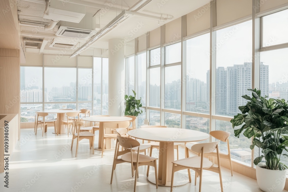 Fototapeta premium Modern office break room with large windows overlooking a city skyline.