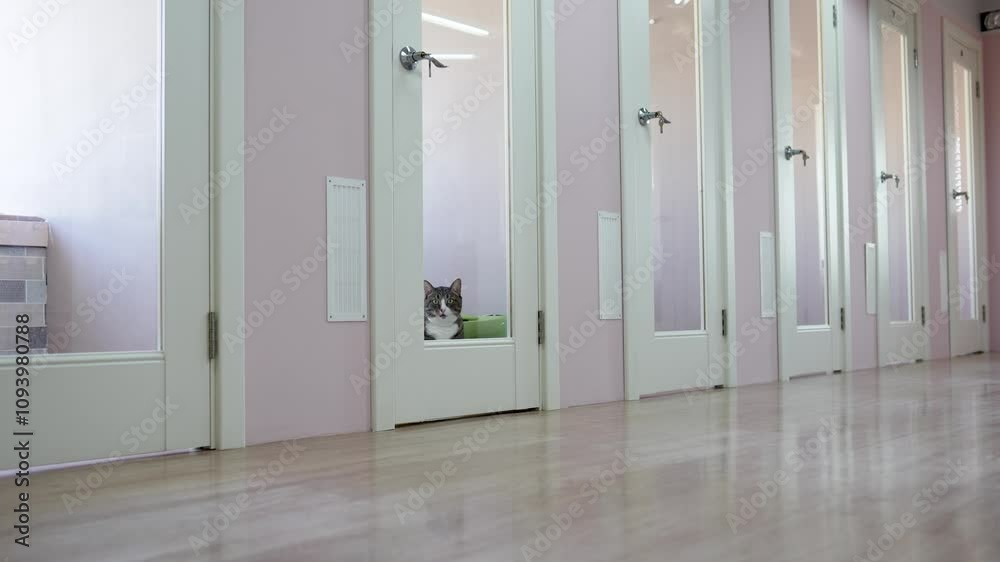 Cat feels sad and lonely in pet hotel room, waiting for owners. Pet isolation, feline longing, animal care, owner absence, hotel stay, cat sadness, pet boarding. 