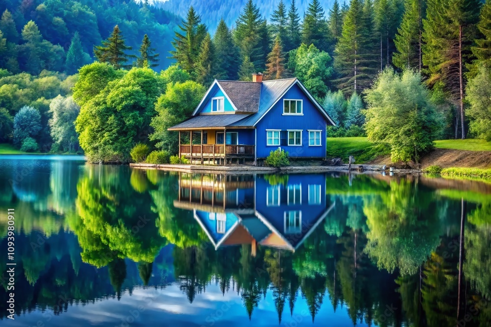 Serene Blue Lake House Reflected in Nature's Embrace: A Dreamy Double Exposure Photography Concept with Lush Greenery and Tranquil Waters Serene Blue Lake House Reflected in Nature's Embrace: A Dreamy Double Exposure Photography Concept with Lush Greenery and Tranquil Waters