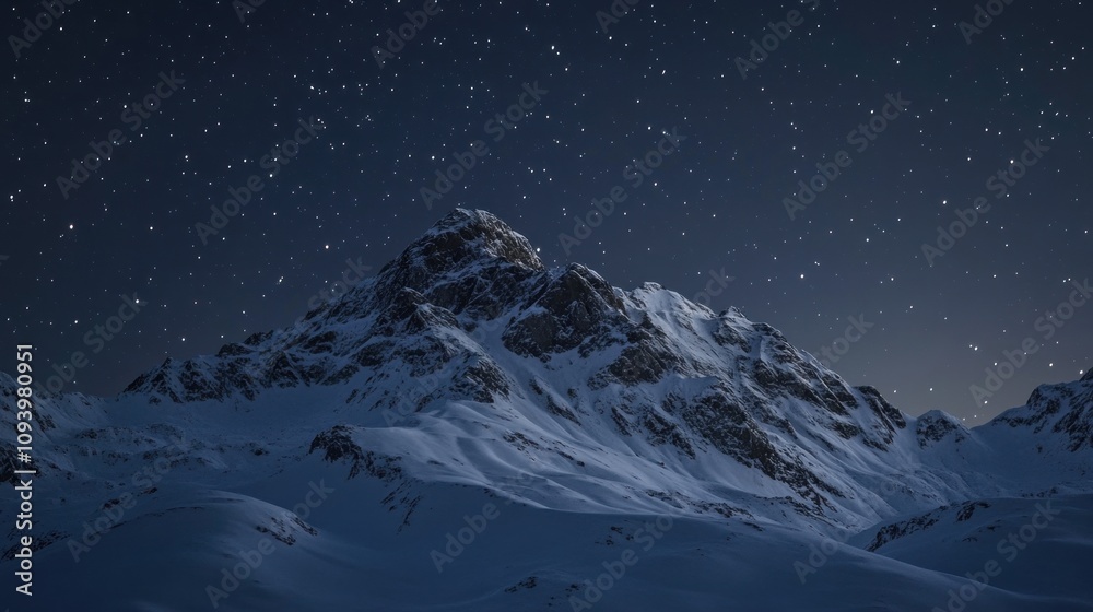 A snowy mountain peak with a clear, star-filled sky above. A snowy mountain peak with a clear, star-filled sky above.