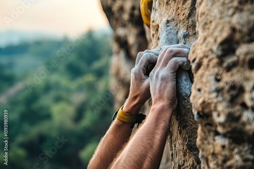 Front view of a climber scaling a cliff close-up of hands gripping the rock