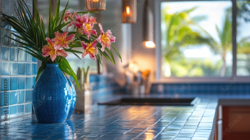 A beach house kitchen counter with blue tiles, a vase of tropical flowers, A beach house kitchen counter with blue tiles, a vase of tropical flowers,