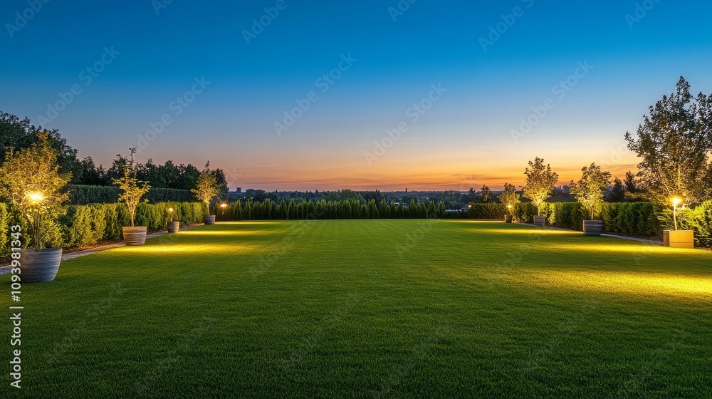 A serene landscaped garden at dusk, illuminated by soft lights, showcasing lush greenery and tranquility. A serene landscaped garden at dusk, illuminated by soft lights, showcasing lush greenery and tranquility.