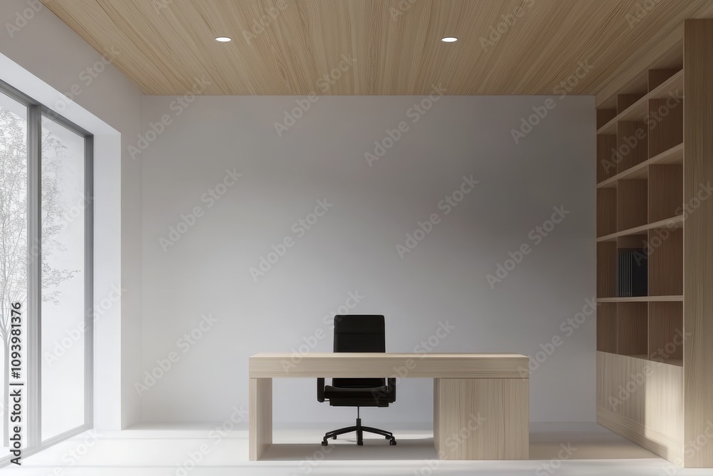Minimalist home office with a large window, wooden desk, black chair, and shelves.