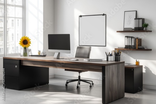 A modern office workspace with a large desk, a computer, a black leather chair, and a sunflower on a wooden table. The room has large windows that let in natural light.