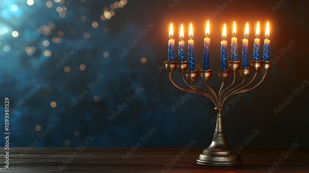 Vibrant Hanukkah menorah with lit candles. Vibrant Hanukkah menorah with lit candles.