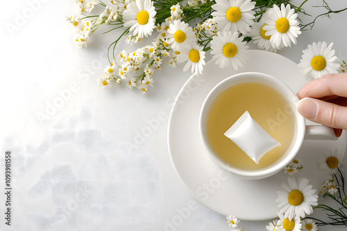 A hand holds a teabag over a cup of tea surrounded by fresh daisies, creating a serene and inviting atmosphere. photo