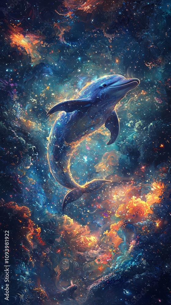 A dolphin leaping out of the nebula, against a background of space, in a fantasy style with bright colors A dolphin leaping out of the nebula, against a background of space, in a fantasy style with bright colors