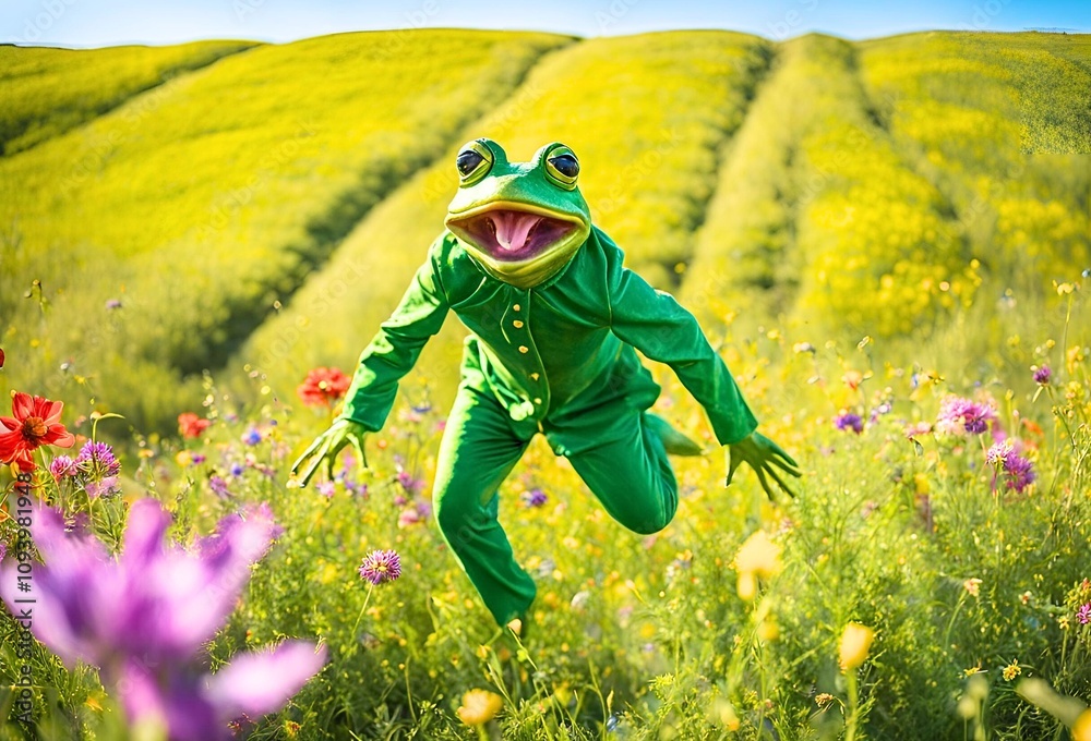 明るい野外でカエルのスーツを着て走ってくる人物 Stock Photo | Adobe Stock