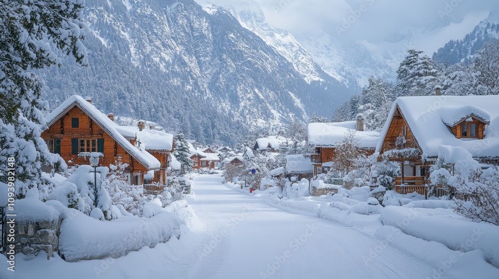 Snowy mountain village street scene with traditional wooden chalets covered in snow. Snowy mountain village street scene with traditional wooden chalets covered in snow.