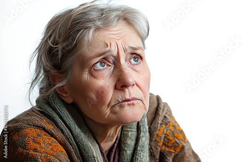 Depressed elderly woman with a faraway look isolated on white background. Lost in thought grieving a loved one melancholic expression