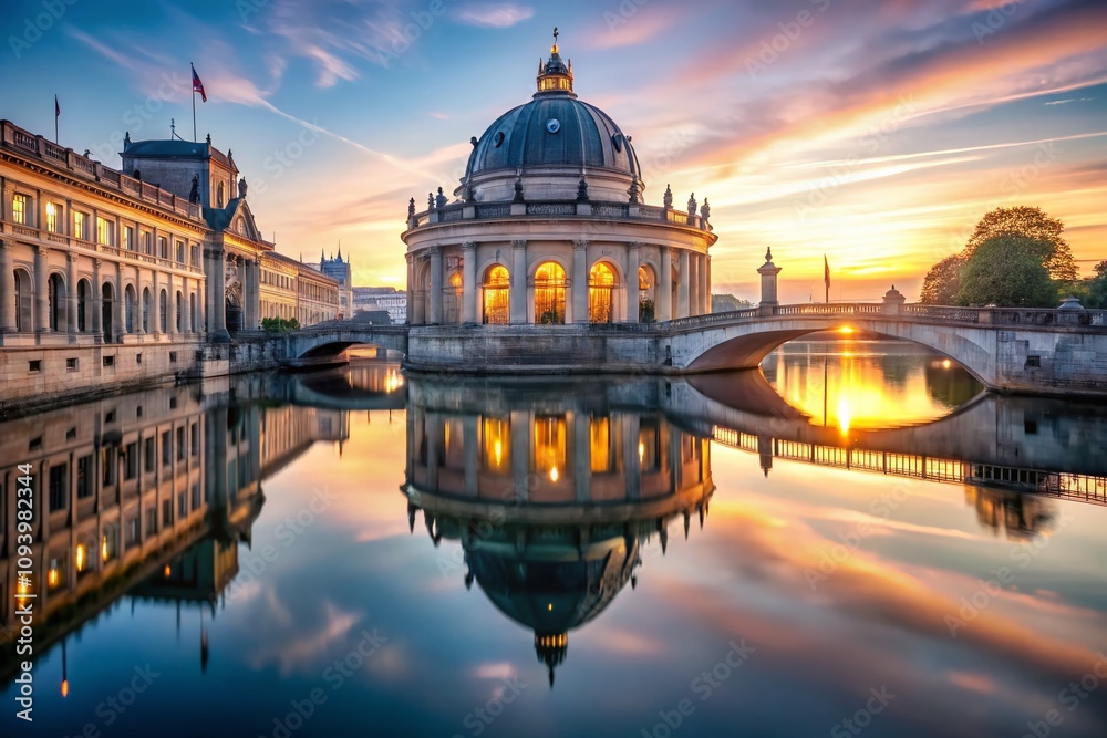 Fototapeta premium Serene Dawn at the Bode Museum: A Captivating Double Exposure of Berlin’s Historic Architecture and Tranquil River Reflections at Museum Island