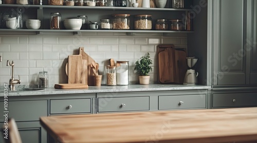 Wallpaper Mural Front view of elegant interior with gray drawers under kitchen cabinet. empty wooden table and marble countertop in room. modern equipment for cooking. Torontodigital.ca