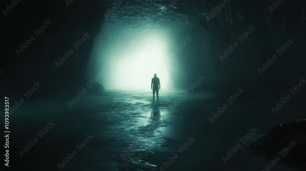 Solitary Figure Bathed in Soft Ethereal Glow Amidst a Mysterious Cave Landscape Illuminated by Nature’s Light Solitary Figure Bathed in Soft Ethereal Glow Amidst a Mysterious Cave Landscape Illuminated by Nature’s Light